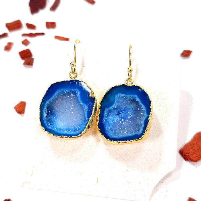 Cercei din agate druzy albastre, placati cu aur [5]