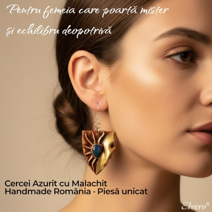 Cercei lungi unicat din pietre semipretioase de azurit cu malachit – design boho chic artizanal [4]