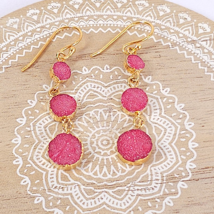 Cercei cuart druzitic roz aprins placati cu aur [2]