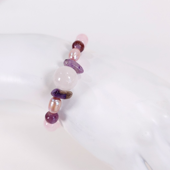Brățară elastică cuarț roz cu charoit și perle – handmade România [6]