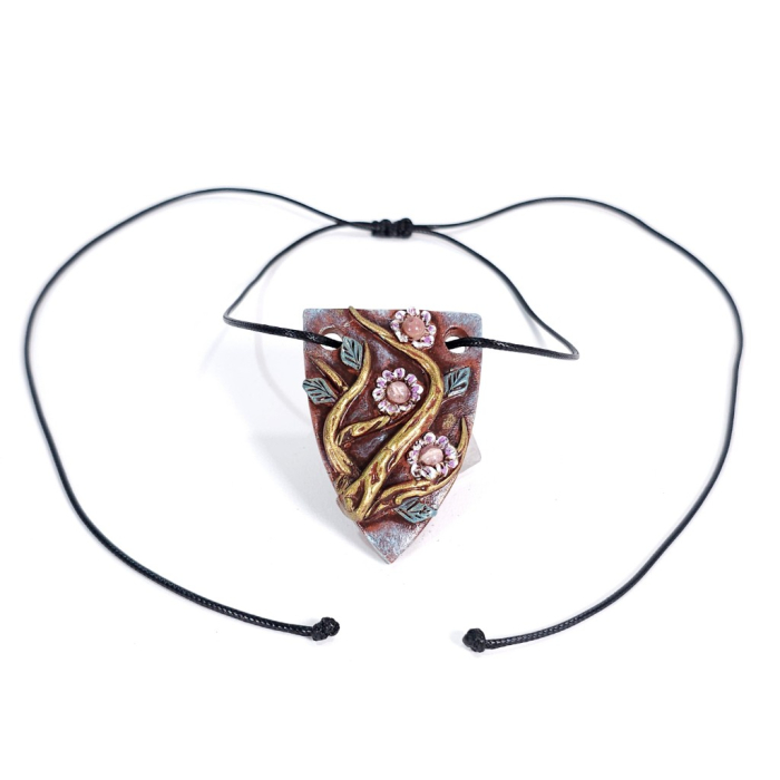 Pandantiv unicat Ramuri Înflorite din lut polimer și rodocrozit natural – design boho artistic handmade [12]