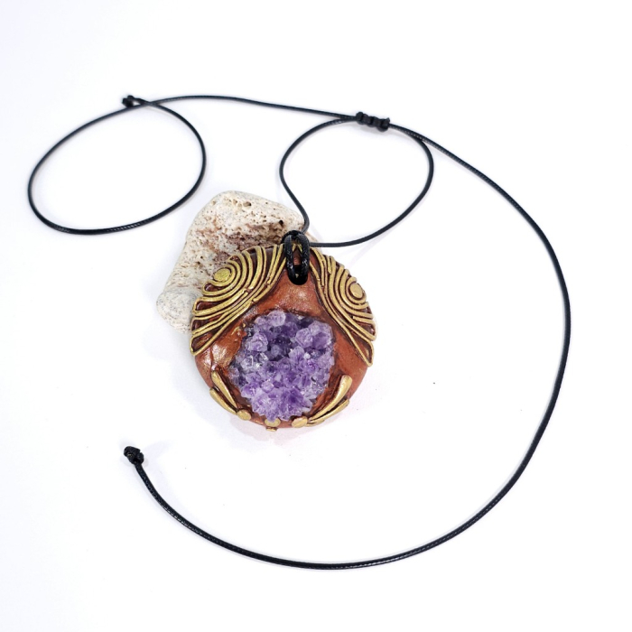 Pandantiv statement unicat din ametist druzy natural – design boho artistic handmade [8]