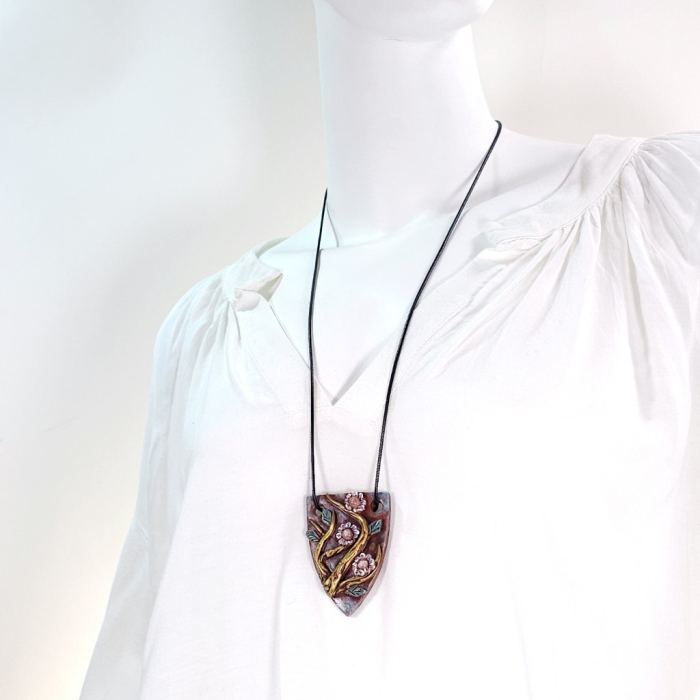 Pandantiv unicat Ramuri Înflorite din lut polimer și rodocrozit natural – design boho artistic handmade [9]