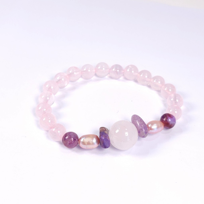 Brățară elastică cuarț roz cu charoit și perle – handmade România [3]