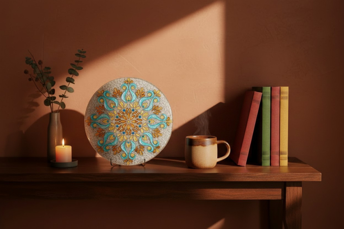 Pictură mandală orgon handmade în culori acrilice turcoaz și auriu cu grilă de cristale din pietre naturale, diametru 28 cm, realizată de Elvero România [12]