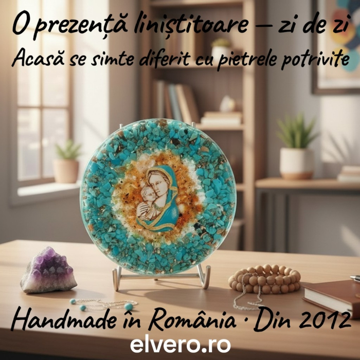 Icoană orgonică cu Sfânta Maria și Pruncul realizată din pietre naturale semiprețioase [7]