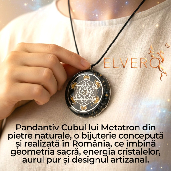 Pandantiv orgonic Cubul lui Metatron, pietre naturale, diamant Herkimer, turmalină neagră, apofilit, foiță aur 24K, handmade România [4]