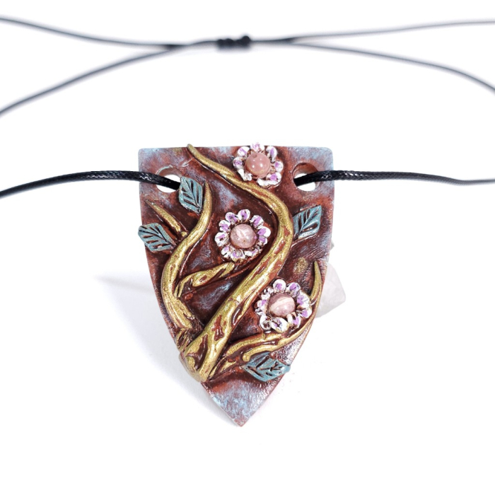 Pandantiv unicat Ramuri Înflorite din lut polimer și rodocrozit natural – design boho artistic handmade [2]