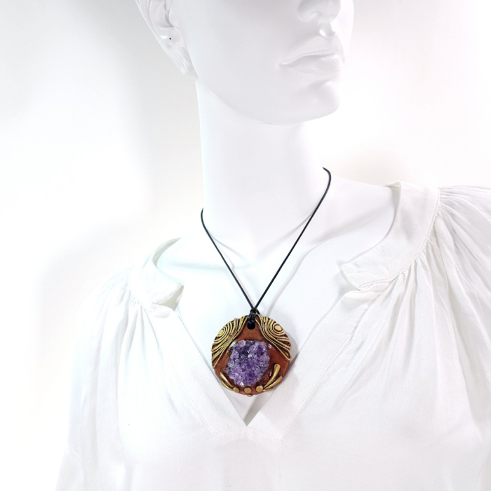 Pandantiv statement unicat din ametist druzy natural – design boho artistic handmade [12]