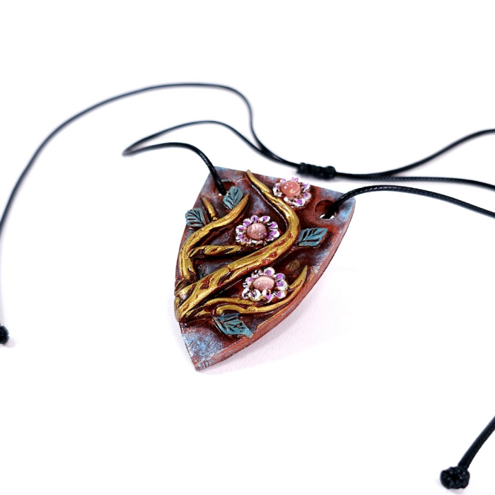 Pandantiv unicat Ramuri Înflorite din lut polimer și rodocrozit natural – design boho artistic handmade [6]