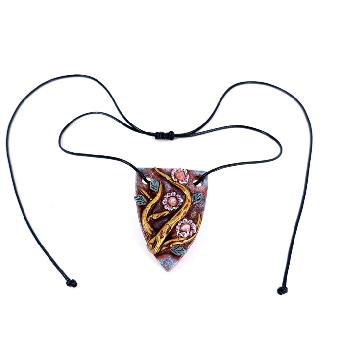 Pandantiv unicat Ramuri Înflorite din lut polimer și rodocrozit natural – design boho artistic handmade [8]