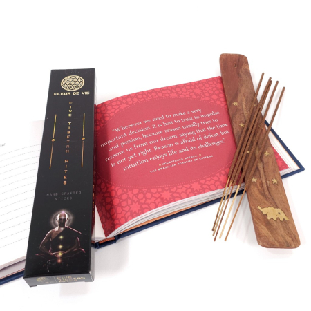 Bețișoare parfumate Fleur de Vie Five Tibetan Rites, cutie 10 buc 15 g, ambalaj hârtie imprimeu auriu Floarea Vieții [4]