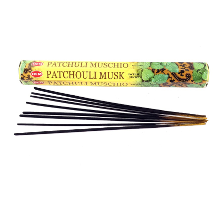 Bețișoare parfumate HEM Patchouli Musk cutie hexagonală 20 buc aromă paciuli mosc