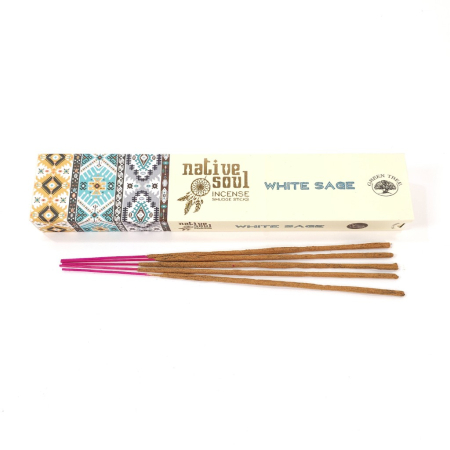 Bețișoare parfumate White Sage Native Soul Green Tree salvie albă 12 buc 15 gr ambalaj șamanic și pană