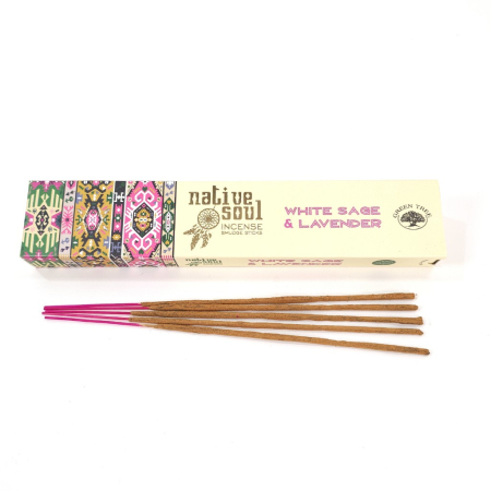 Bețișoare parfumate Green Tree White Sage Lavender Native Soul, cutie 12 buc 15 g, aromă salvie albă și lavandă