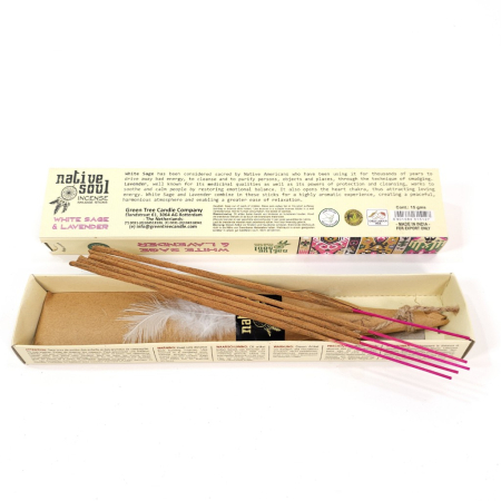 Bețișoare parfumate Green Tree White Sage Lavender Native Soul, cutie 12 buc 15 g, aromă salvie albă și lavandă [1]