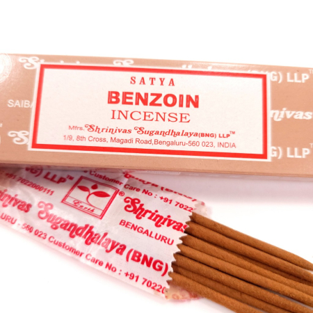 Bețișoare parfumate Satya Benzoin 15 gr, aromă rășinoasă dulce vanilie, rulate manual India, cutie carton reciclabil [1]
