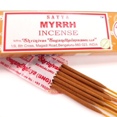 Bețișoare parfumate Satya Myrrh smirnă – 10 buc lucrate manual India, ~20 cm, ardere 25 min, aromă rășinoasă [1]