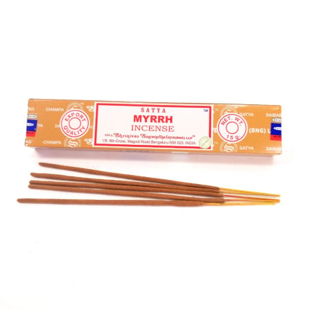 Produse aromaterapie - Bețișoare parfumate Satya Myrrh smirnă – 10 buc lucrate manual India, ~20 cm, ardere 25 min, aromă rășinoasă