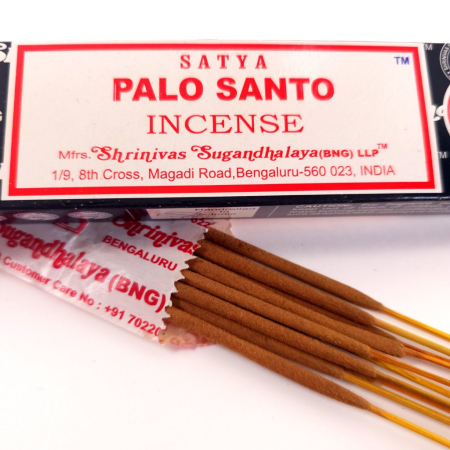 Bețișoare parfumate Satya Palo Santo 15 gr, aromă lemnoasă caldă Bursera graveolens, rulate manual India, cutie carton [1]