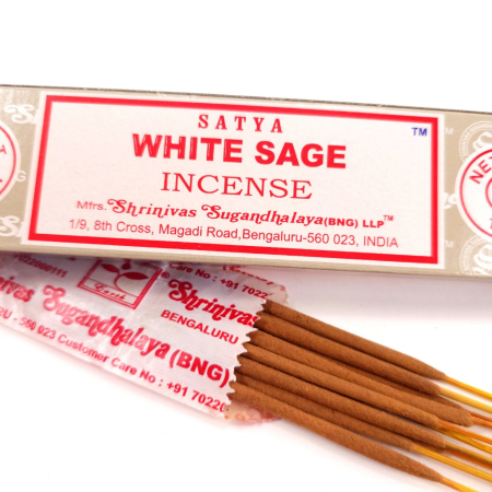 Bețișoare parfumate Satya White Sage 15 gr rulate manual India, aromă erbacee lemnos-fumată salvie albă, meditație relaxare [1]