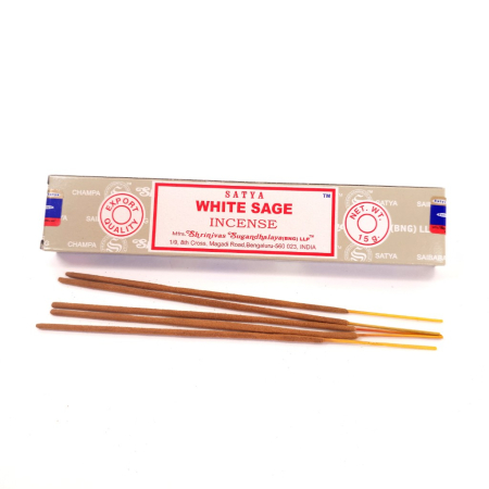 Bețișoare parfumate Satya White Sage 15 gr rulate manual India, aromă erbacee lemnos-fumată salvie albă, meditație relaxare