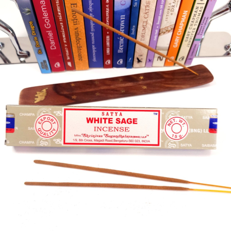 Bețișoare parfumate Satya White Sage 15 gr rulate manual India, aromă erbacee lemnos-fumată salvie albă, meditație relaxare [2]