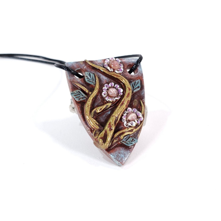 Pandantiv unicat Ramuri Înflorite din lut polimer și rodocrozit natural – design boho artistic handmade [2]