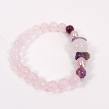 Brățară elastică cuarț roz cu charoit și perle – handmade România [8]