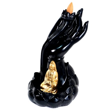 Suporturi pentru ardere - Candela ceramică backflow cu floare de lotus și figurină Buddha aurie – efect fum curgător