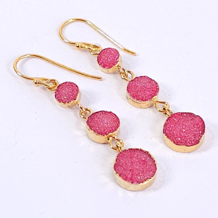 Cercei pietre semipretioase - Cercei cuart druzitic roz aprins placati cu aur