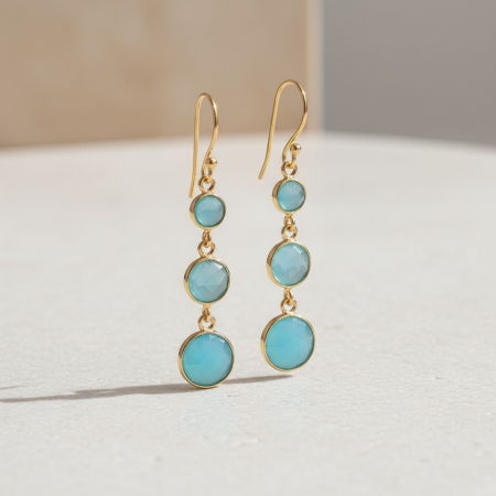 Cercei pietre semipretioase - Cercei lungi agat bleu placați cu aur – design boho statement de 5 cm