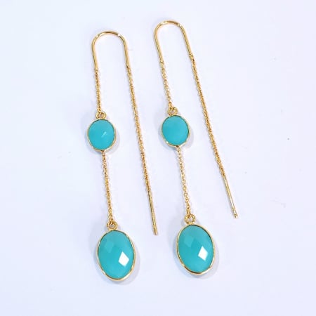 Cercei pietre semipretioase - Cercei lungi din agat bleu-vernil cu lanț placat cu aur 18K – design boho rafinat și elegant