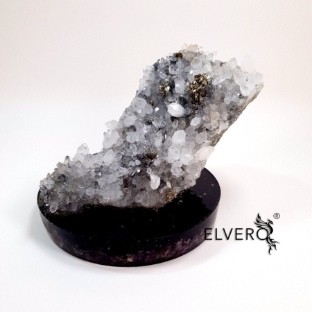 Minerale pe suport orgonic - Cluster din cuart alb cu pirita pe disc orgonic din ametist, turmalina neagra *