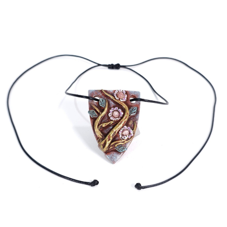 Pandantiv unicat Ramuri Înflorite din lut polimer și rodocrozit natural – design boho artistic handmade [11]