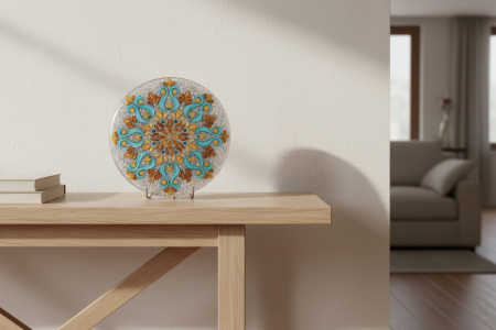 Pictură mandală orgon handmade în culori acrilice turcoaz și auriu cu grilă de cristale din pietre naturale, diametru 28 cm, realizată de Elvero România [9]