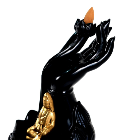 Candela ceramică backflow cu floare de lotus și figurină Buddha aurie – efect fum curgător [1]