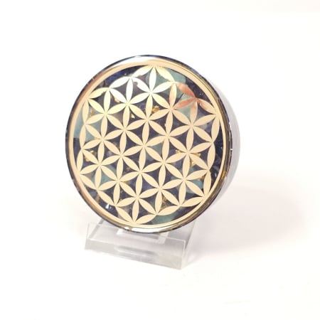 Decorațiuni orgon din pietre naturale - Disc orgonic Floarea Vieții cu foiță de aur 24K și turmalină neagră