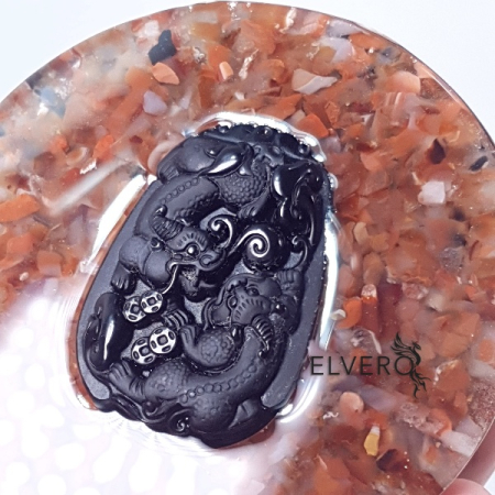 Disc orgonic cu dragoni pe bazorelief din obsidian negru, 11x2 cm * [2]