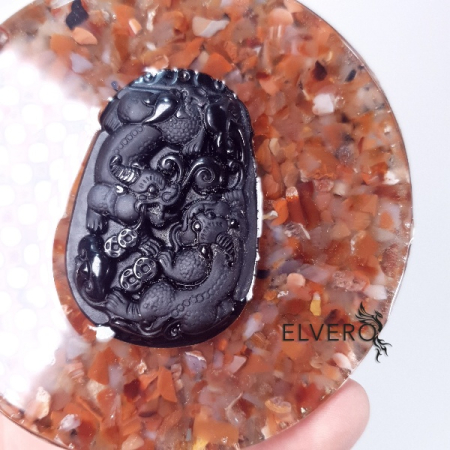 Disc orgonic cu dragoni pe bazorelief din obsidian negru, 11x2 cm * [1]
