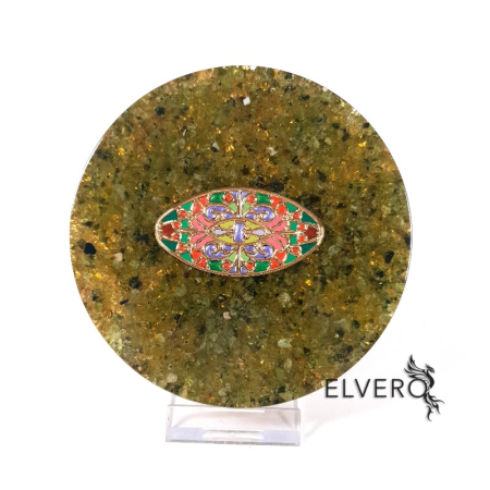 Decorațiuni orgon din pietre naturale - Disc orgon peridot cu mandala, 11 cm. Putere interioara