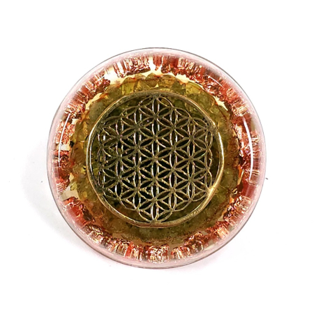 Decorațiuni orgon din pietre naturale - Orgon floarea vietii cu peridot natural pentru bunastare