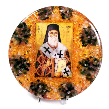 Decoratiuni pentru casa si birou - Sfantul Nectarie icoana orgon din pietre naturale