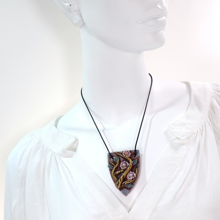 Pandantiv unicat Ramuri Înflorite din lut polimer și rodocrozit natural – design boho artistic handmade [10]
