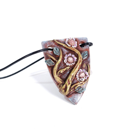 Pandantiv unicat Ramuri Înflorite din lut polimer și rodocrozit natural – design boho artistic handmade [3]
