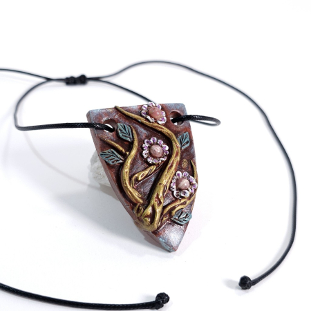 Pandantiv unicat Ramuri Înflorite din lut polimer și rodocrozit natural – design boho artistic handmade [4]