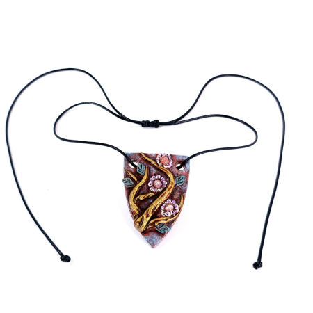 Pandantiv unicat Ramuri Înflorite din lut polimer și rodocrozit natural – design boho artistic handmade [7]