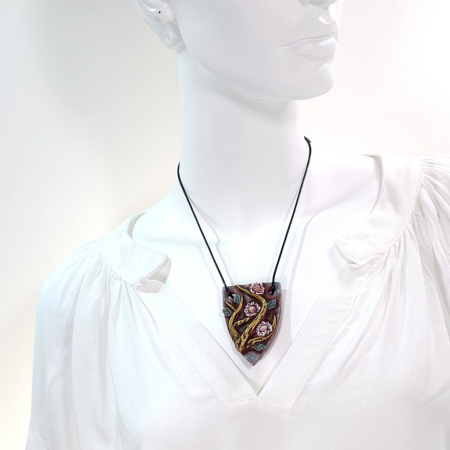 Pandantiv unicat Ramuri Înflorite din lut polimer și rodocrozit natural – design boho artistic handmade [9]