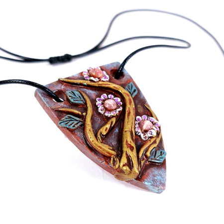 Pandantiv unicat Ramuri Înflorite din lut polimer și rodocrozit natural – design boho artistic handmade [6]