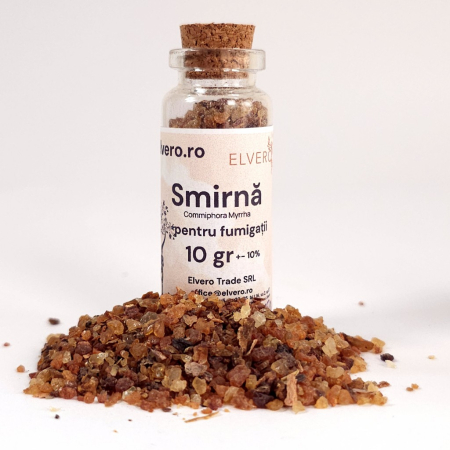 Tamaie - Smirnă naturală pură Commiphora myrrha granule rășină din Etiopia, 10 gr, sticluță cu dop de plută pentru fumigații